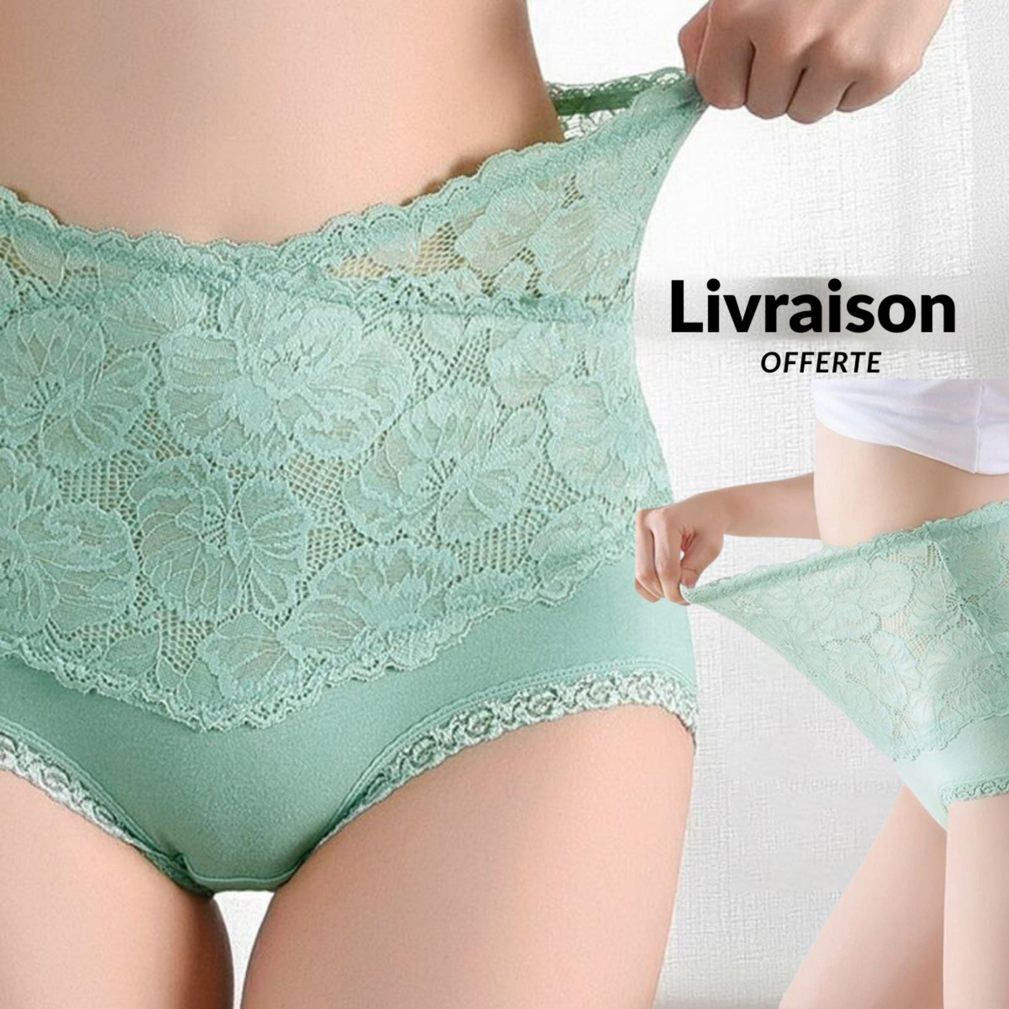 Culotte haute gainante en dentelle florale modèle Séléné, vue de face soulignant la zone de maintien abdominal et la finition dentelle raffinée.