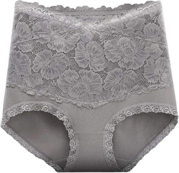 Culotte haute gainante en dentelle florale modèle Séléné, vue de face soulignant la zone de maintien abdominal et la finition dentelle raffinée. grais