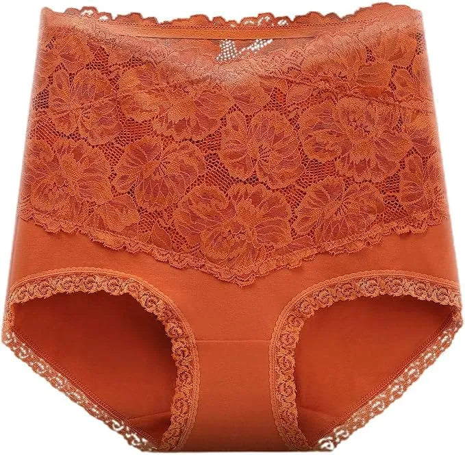Culotte haute gainante en dentelle florale modèle Séléné, vue de face soulignant la zone de maintien abdominal et la finition dentelle raffinée.corail