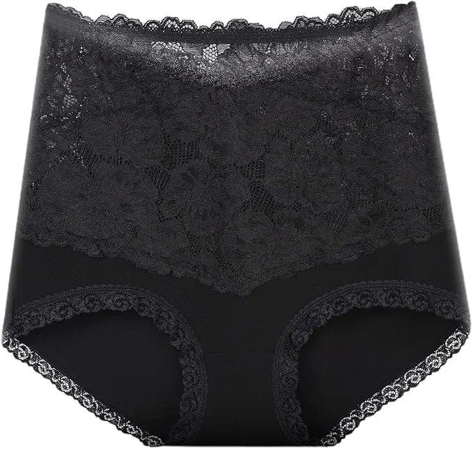Culotte haute gainante en dentelle florale modèle Séléné, vue de face soulignant la zone de maintien abdominal et la finition dentelle raffinée. noir